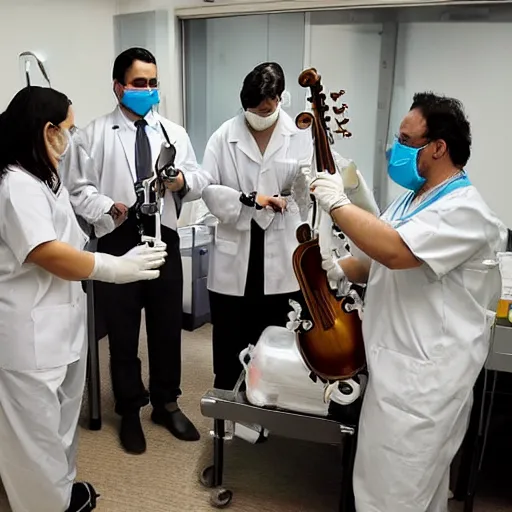 Prompt: doctors playing music with instruments made out of clear tubing, syringes, urine collection bag, iv pole, fluid bag, nebulizer equipment, bag - valve mask, intubation equipment, speculum, defibrillator, coban, flexiseal, picc dressing.