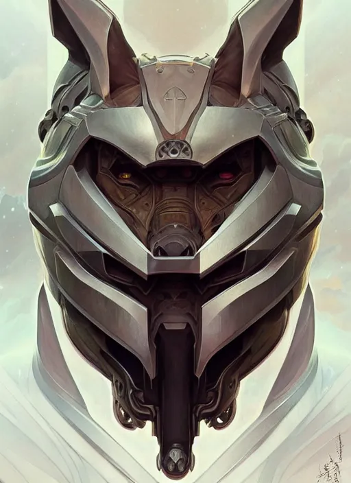 Image similar to symmetry!! portrait of a wolf, sci - fi armour! muscular, fantasy, intricate, elegant, highly detailed, digital painting, artstation, concept art, smooth, sharp focus, illustration, art by artgerm and greg rutkowski and alphonse mucha