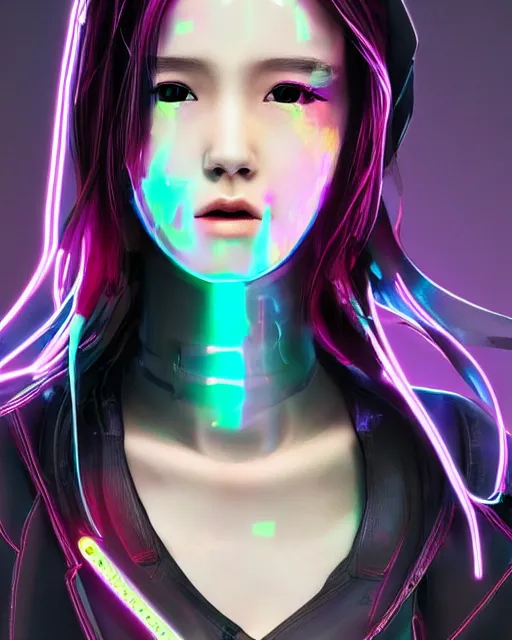 Image similar to a cyberpunk girl wearing neon hoodie, chrome, neon light, japan, perfect face, high detailed, realistic, preatty face, asian, long hair, cyberpunk, geisha, arcane style, 3 d mix with 2 d