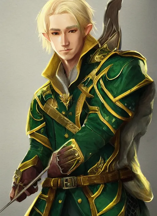 Prompt: Half-body portrait of a handsome blonde elven ranger in green and gold jacket with a crossbow. In style of Hyung-tae Kim, concept art, trending on ArtStation, Korean MMORPG.