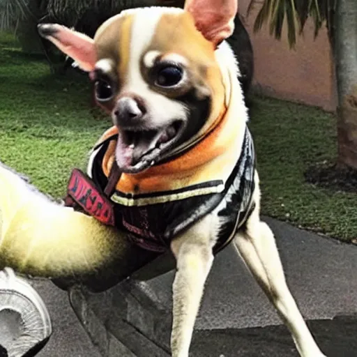 Image similar to photo of dwayne johnson riding a giant chihuaha, highly - detailed, sharp focus, award - winning