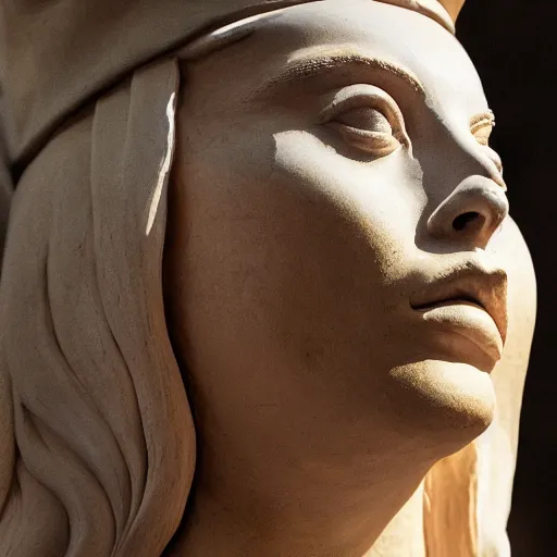 Image similar to extreme long - shot photograph of a renaissance clay sculpture of margot robbie wearing a phrygian cap in times square, made by michelangelo, very detailed, sharp focus, 8 k resolution, ray tracing