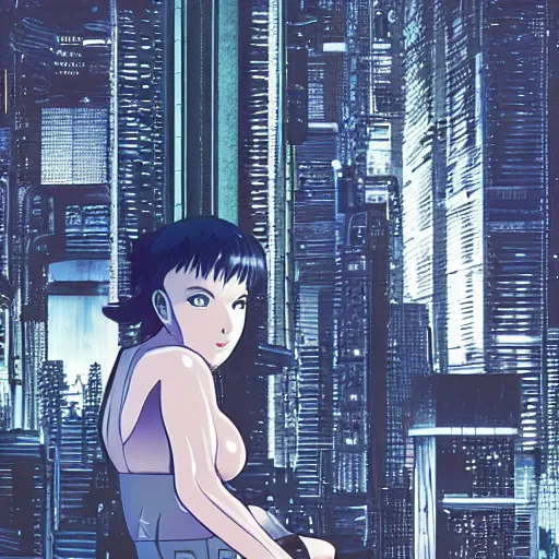 Prompt: ghost in the shell, high roof, moon