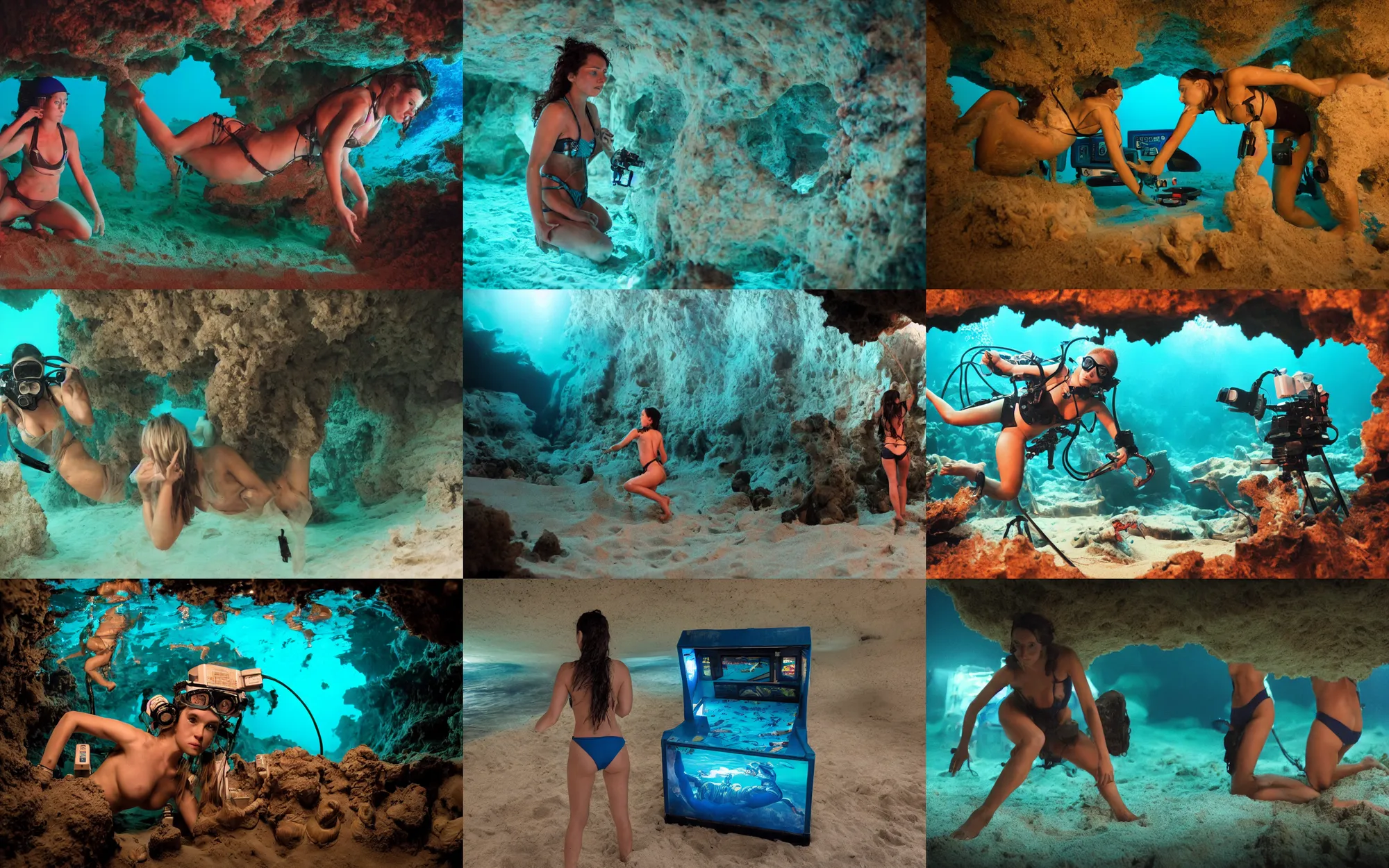 Prompt: movie still zoom in of female cave diver wearing seashell bikini operating vintage arcade machines in the sand, rack focus, close establishing shot, gloomy, underwater, dark teal lighting, soft dramatic lighting, 4 k digital camera