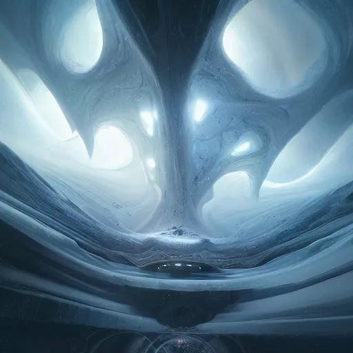 Image similar to falling, zooming fast into a cosmic vortex of primordial gnostic menace and mystery by jessica rossier and hr giger cinematic lighting two point perspective, extreme angle