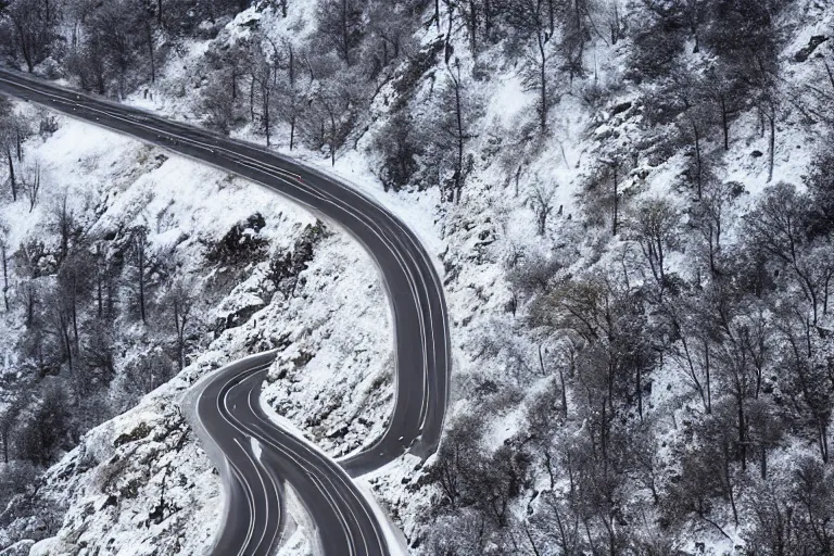 Image similar to a dangerous winding road route on an icy snowy cliff, blizzard, photo