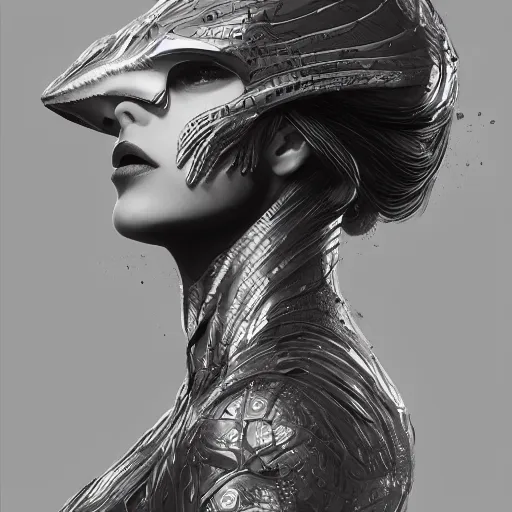 Prompt: head and shoulders portrait of modern darna, shark with a laser beam attached to its head, intricate, elegant, dark vibes, highly detailed, digital painting, artstation, glamor pose, concept art, smooth, sharp focus, illustration, art by wlop, mars ravelo and greg rutkowski