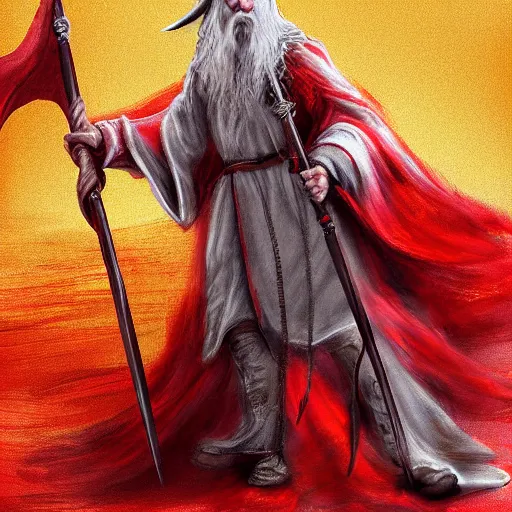 Image similar to gandalf riding a huge red dragon, highly detailed, digital art