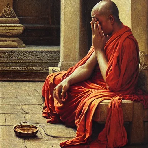 Image similar to highly detailed potrait of blind folded with cloth srilankan cunning buddhist monk praying in baroque style, painting by gaston bussiere, craig mullins, j. c. leyendecker, lights, art by ernst haeckel, john william godward, hammershøi,