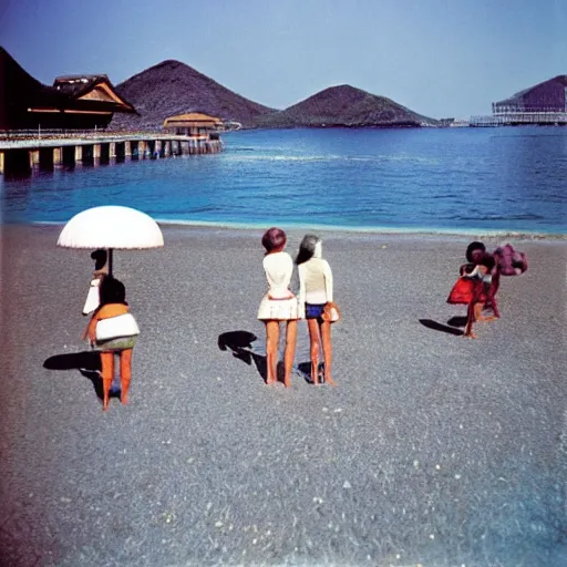 Image similar to Japan 1970's beach, color photo by Slim Aarons