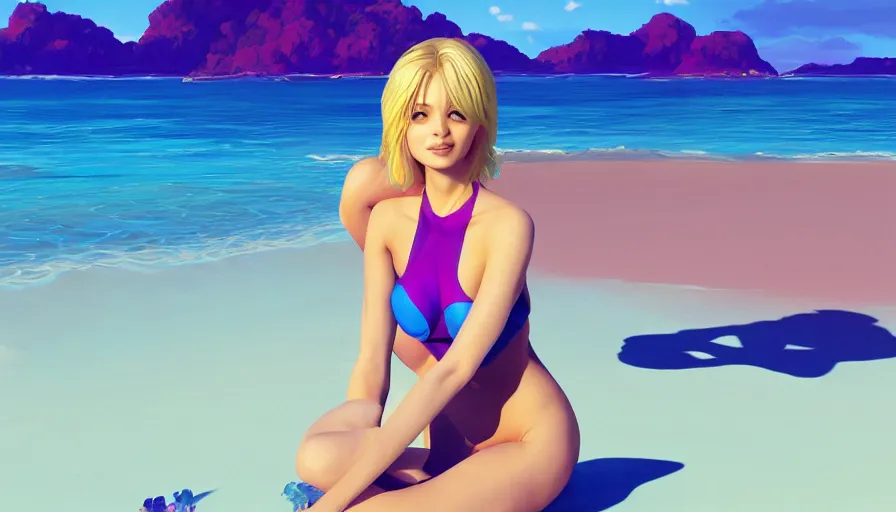 Prompt: a blonde woman, relaxing on the beach, blue bodysuit, tropical background, sunset, vibrant, psychedelic colors, by ilya kuvshinov, krenz cushart, pixiv. zbrush sculpt, octane, maya