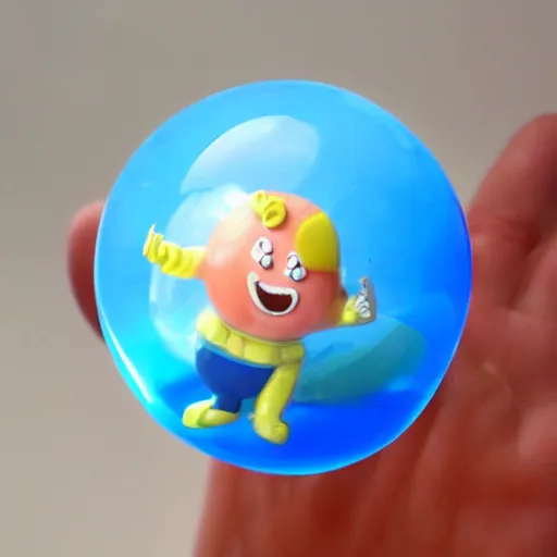Image similar to translucent gelatin orb filled with cartoon characters