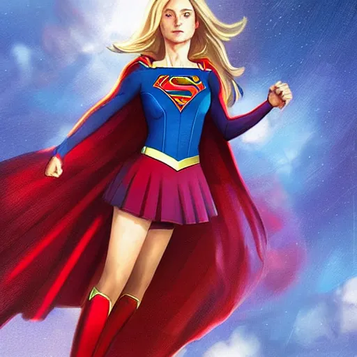 Prompt: supergirl flying through the sky, highly detailed, look of determination, charlie bowater character art.