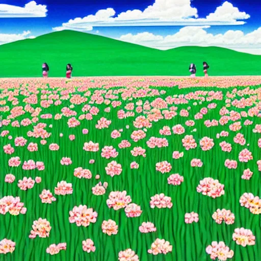 Prompt: a beautiful painting of a field of flowers atop a plateau overlooking a large beach by hiroshi nagai and hirohiko araki, detailed line art, vaporwave color scheme