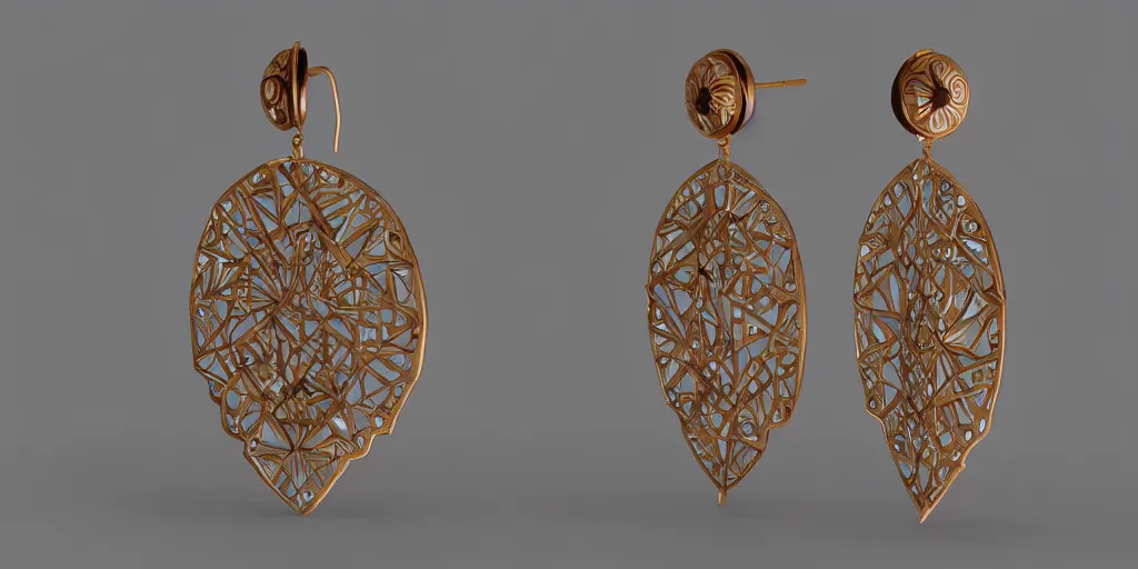 Prompt: earring design, jewelry design, wood, nordic, art deco, intricate, elegant, material, product design, trending on artstation, cgsociety, photo realistic, design by ziva cph and isabel lennse and kalevala, 8 k, unreal engine, c 4 d