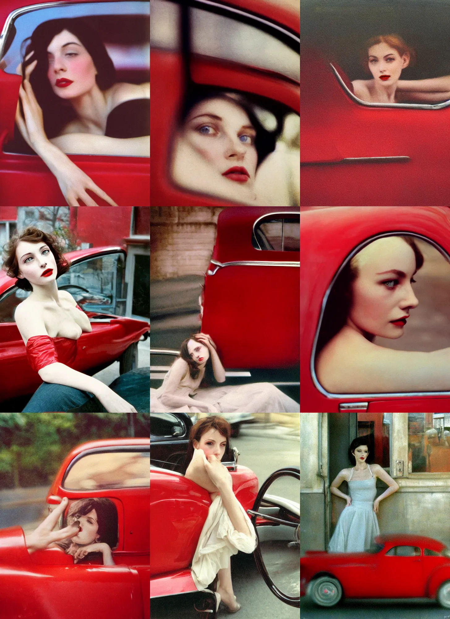 Prompt: dof, photorealistic portrait of a beautiful aesthetic pale woman by saul leiter, in a red car