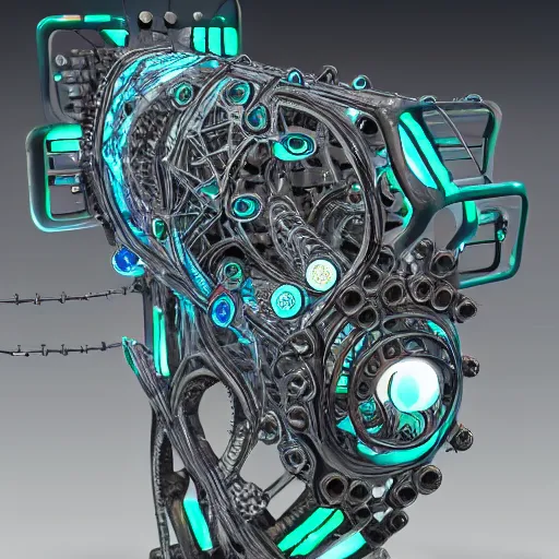 Image similar to biomechanical bioluminescent ancient quantum computer valve body, sharp focus, hyper detailed masterpiece