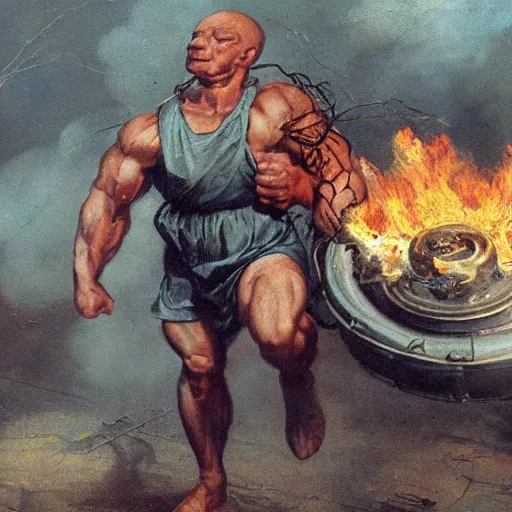 Image similar to a muscular bald man carrying two turbine engines with fire spitting out