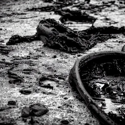 Image similar to mysterious black slime, black gooey liquid leaking out of crashed cargo ship, apocalyptic, ruined, 8 5 mm f / 1. 4