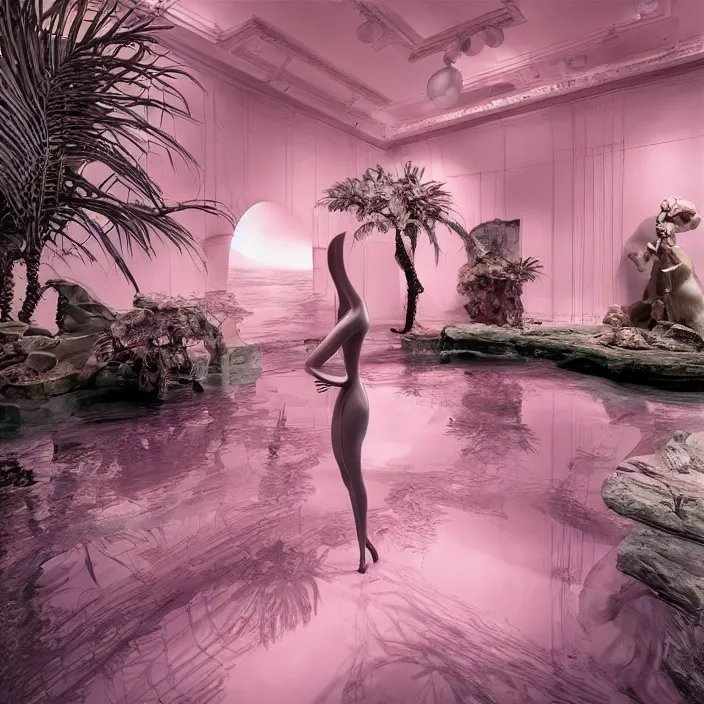 Image similar to hyperrealistic random objects in a surreal minimalistic dreamscape environment by salvador dali, enormous pink mannequin head statue, highly detailed, 3 d render, vray, octane, beautiful lighting, photorealistic, intricate, elegant, wayne barlowe, water, mirrors, doorway, beautiful, masterpiece, trending on artstation, artgerm, checkered floor, palm tree