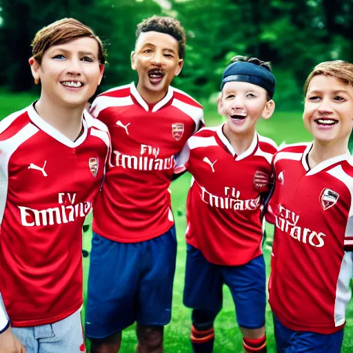 Image similar to a promo portrait of anthropormorphic hot dogs in arsenal soccer jerseys playing football, happy,