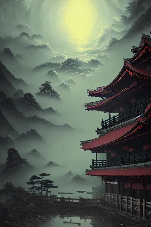 Prompt: a dreamland of chinese ukiyo - e, geometry and astrology, a decaying japanese temple, stunning atmosphere, nanotech demonic monster horror art by andreas achenbach and alena aenami