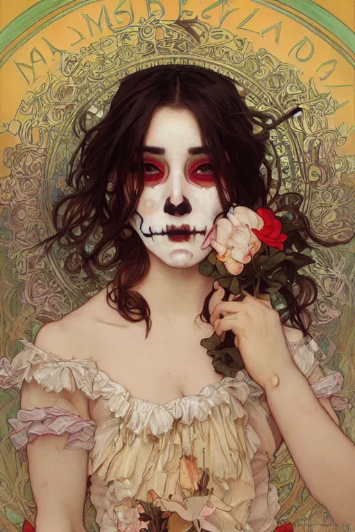 Image similar to realistic detailed painting of a cute Día de los Muertos girl by Alphonse Mucha Ayami Kojima Amano Charlie Bowater, masterpiece