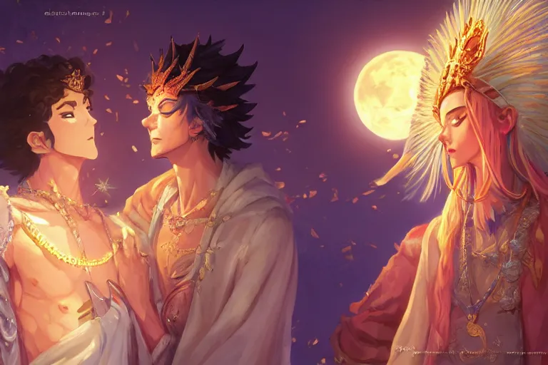 Image similar to close up moment of a divine a sun god and a moon goddess lovers magician at a wedding banquet, highly detailed, d & d, fantasy, 4 k realistic, digital painting, trending on artstation, concept art, sharp focus, illustration, art by makoto shinkai and akihiko yoshida and daniel gerhartz