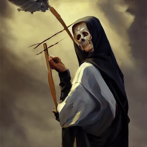 Prompt: greg manchess portrait painting of the grim reaper, medium shot, asymmetrical, profile picture, organic painting, sunny day, matte painting, bold shapes, hard edges, street art, trending on artstation, by huang guangjian and gil elvgren and sachin teng