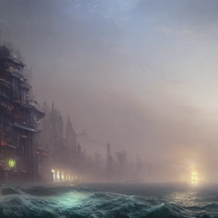 Prompt: a beautiful painting of a cyberpunk city on the sea by ivan aivazovsky and greg rutkowski and james gurney and frank lloyd, in style of unreal engine 5. hyper detailed, sharp focus, soft light. unreal engine 5 lumen. ray tracing. trending on artstation.