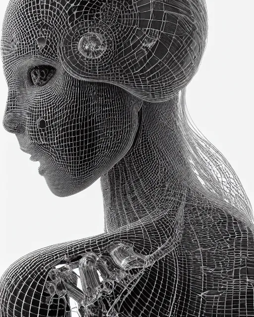 Prompt: mythical dreamy black and white organic bio-mechanical spinal ribbed profile face portrait detail of translucent steampunk bio-mechanical beautiful female angelic-human-queen-vegetal-cyborg, highly detailed, intricate crystal jelly ornate, poetic, 3D render, digital art, octane render, 8K artistic photography, photo-realistic, by Dora Maar