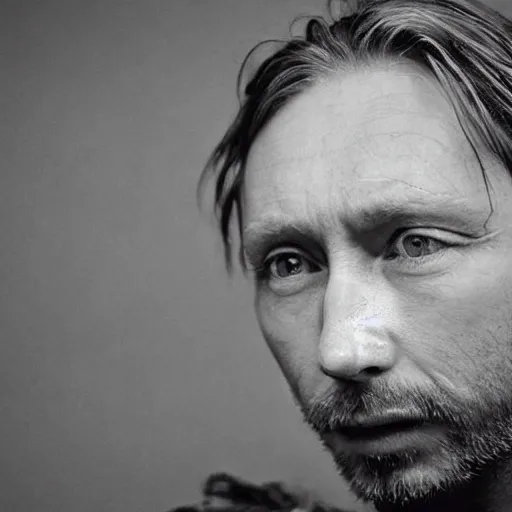 Prompt: thom yorke singer songwriter 2 0 0 1, ultrafine detail, hyper realistic face, beautiful eyes, chiaroscuro, associated press photo, eyes reflecting into eyes reflecting into infinity