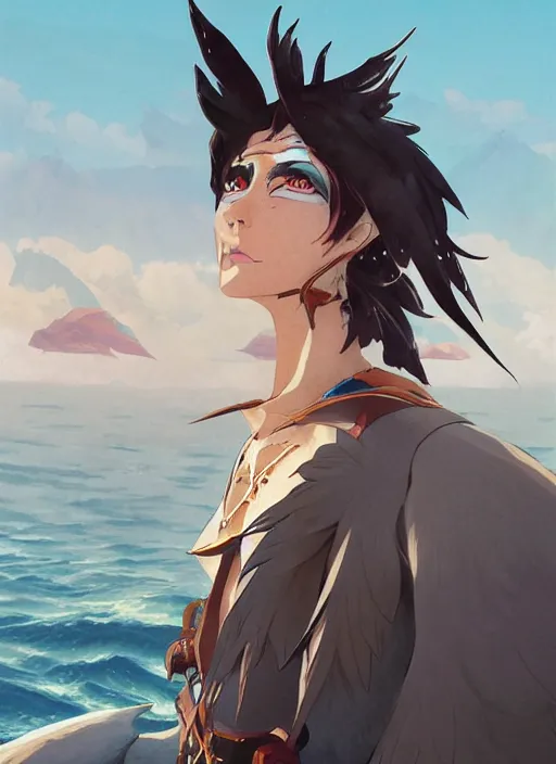 Prompt: concept art painting of an androgynous bird person with human face and black feathers, pirate clothes, by the ocean, detailed, cel shaded, in the style of makoto shinkai and james gurney and moebius and greg rutkowski and artgerm