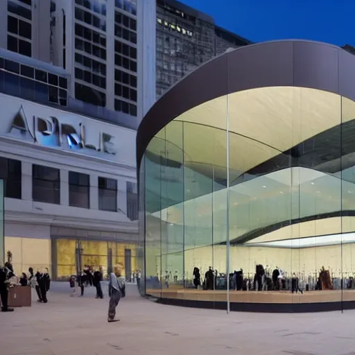 Prompt: marketing photo of an Apple store designed by Saha Hadid,