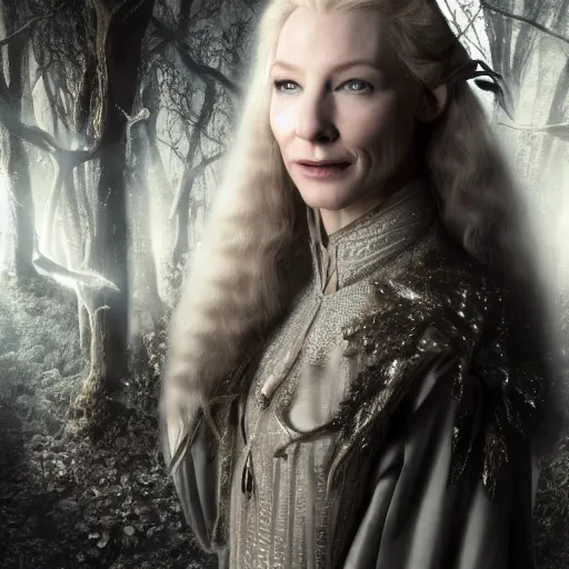 Prompt: portrait of mischievous, enigmatic!!, dangerous young!!! Galadriel (Cate Blanchett) as a queen of elves, dressed in a refined silvery garment. The background is a dark, chilling eastern european forrest. night, horroristic shadows, higher contrasts, (((lumnious))), theatrical, character concept art by ruan jia, (((thomas kinkade))), and J.Dickenson, trending on Pinterest, ArtStation