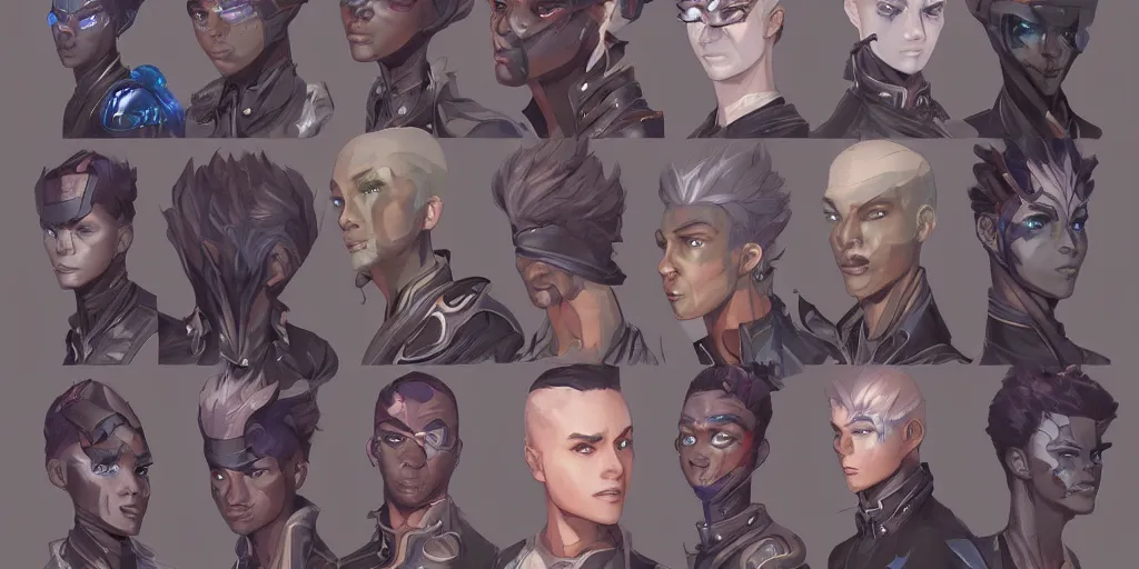 Image similar to concept art of young black male netrunner d & d video game characters head designs, unique hair designs, by marc brunet and artgerm