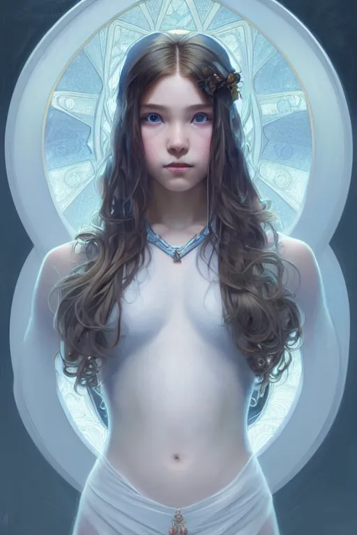 Image similar to symmetry!!!! intensely intricate fanart of full frontal pose of a young teen ice princess, protagonist, intricate, elegant, highly detailed, my rendition, digital painting, artstation, concept art, smooth, sharp focus, illustration, art by artgerm and greg rutkowski and alphonse mucha