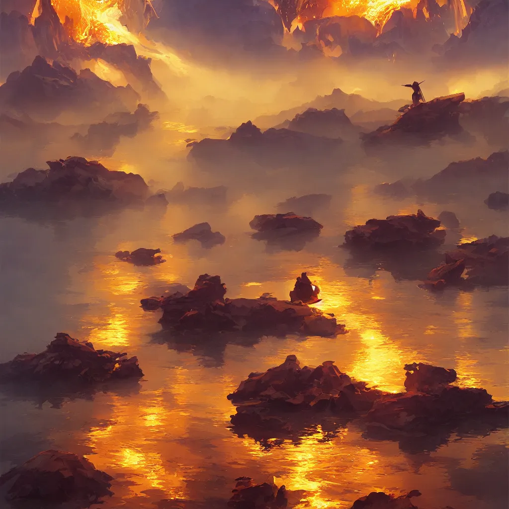 Image similar to lake, gold molten, by greg rutkowski, by rhads, by jesper ejsing