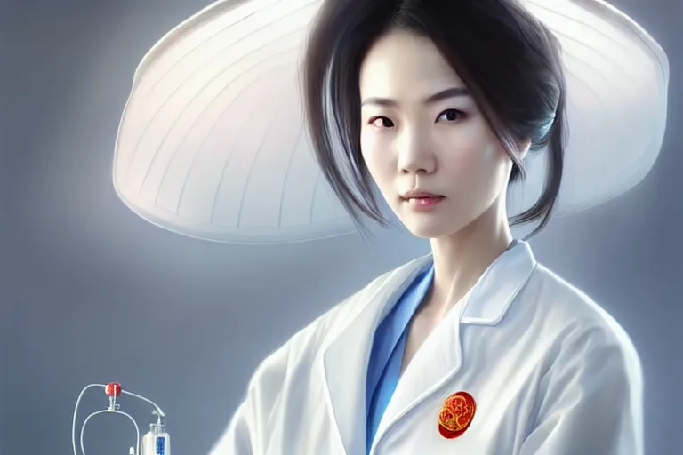 Image similar to an elegant and beautiful chinese female doctor in a white coat in a hospital ward, cinematic, highly detailed, digital painting, artstation, concept art, matte, sharp focus, illustration, art by artgerm and greg rutkowski