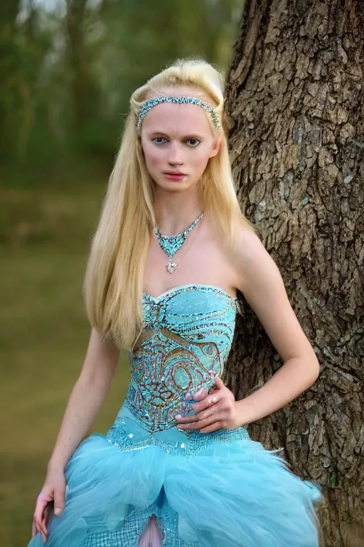 Prompt: a princess with long blonde hair and light blue eyes wearing a strapless elaborately beaded pink dress standing next to a green popup camping tent, high resolution film still, 8k, HDR color, film by Simon Langton and David Frankel, triangular face, very light freckles, round narrow chin, straight jawline, natural lips, high cheekbones, beautiful gazing eyes, green outdoor camping tent