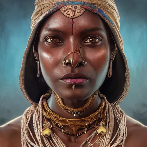 Image similar to portrait painting of a black muscular south indian woman, sari, ultra realistic, concept art, intricate details, eerie, horror, highly detailed, photorealistic, octane render, 8 k, unreal engine. art by artgerm and greg rutkowski and alphonse mucha