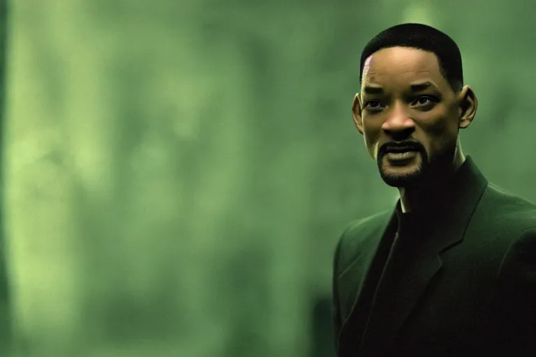 Image similar to will smith as a character from the matrix, cinematic, movie still, dramatic lighting, matrix code,!! by bill henson!!, green color theme, 1 6 : 9 ratio