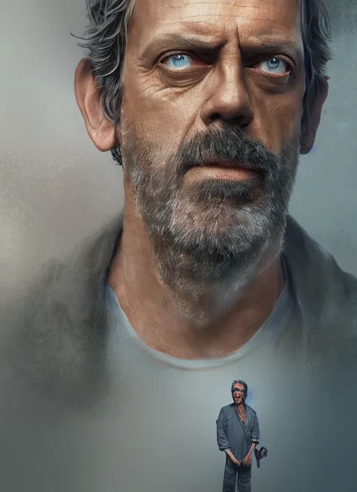 Image similar to doctor house as an indian in real life, face centered portrait of hugh laurie, confident, fog, rain, volumetric lighting, sharp focus, ultra detailed, cgsociety by leesha hannigan, ross tran, thierry doizon, kai carpenter, ignacio fernandez rios, noir art house,