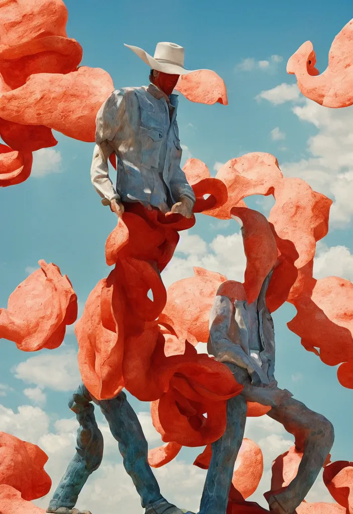 Image similar to a cowboy turning into blooms by slim aarons, by zhang kechun, by lynda benglis. tropical sea slugs, angular sharp tractor tires. complementary colors. warm soft volumetric light. national geographic. 8 k, rendered in octane, smooth gradients. sculpture by antonio canova. red accents.