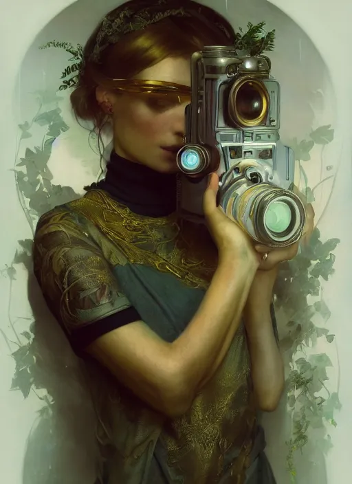 Image similar to hyper realistic photographer looking through a vintage medium format camera, design on white background, beautiful details, lush foliage cyberpunk, gold, drawn by john singer sargent, tom bagshaw, norman rockwell, alphonso mucha, lolish, trending on artstation