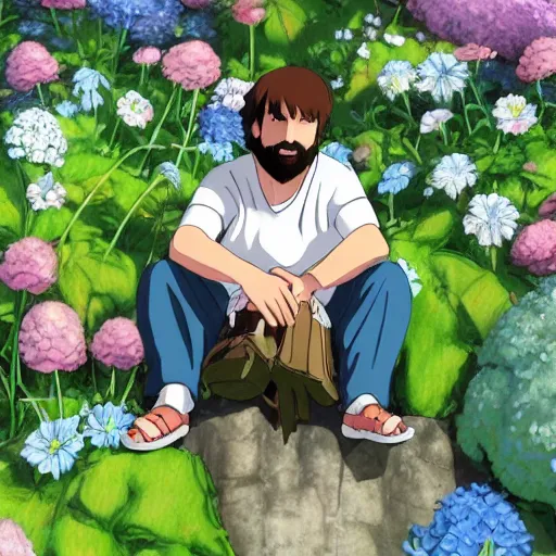 Image similar to gabriel boric sitting at the flower made by studio ghibli, detail, high quality, detailed creature, beautiful scene, smooth