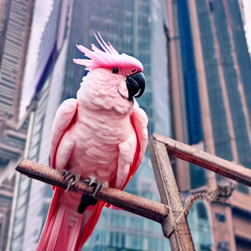 Prompt: a fluffy pink cockatoo sitting in the middle of a busy street with skyscrapers, low angle camera, cinematic, very detailed, 8 k, depth of field