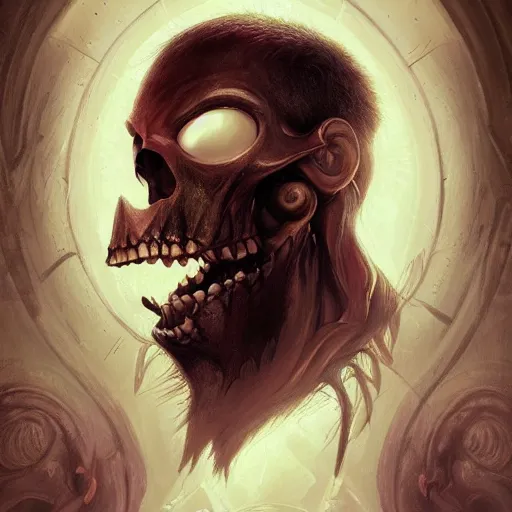 Image similar to a mind - blowing portrait of rayman wearing a human skull, deep focus, d & d, fantasy, intricate, elegant, highly detailed, digital painting, artstation, concept art, matte, sharp, illustration, hearthstone, art by artgerm and greg rutkowski and alphonse mucha