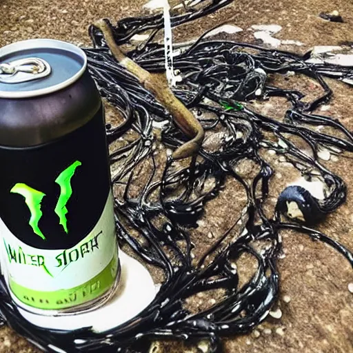 Prompt: “photo of a single wilted flower growing out of a Monster energy drink can with holes oozing black liquid with server cables and cat-5 cables everywhere surrounding it”