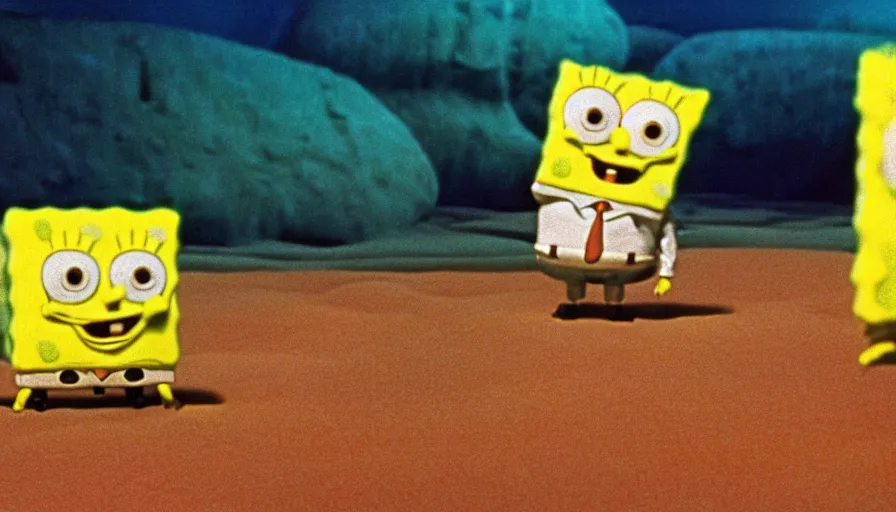 Image similar to 1 9 6 0 s movie still of spongebob, 2 0 0 1 a space odyssey, cinestill 8 0 0 t 3 5 mm, high quality, heavy grain, high detail, panoramic, cinematic composition, dramatic light, ultra wide lens, anamorphic, flares